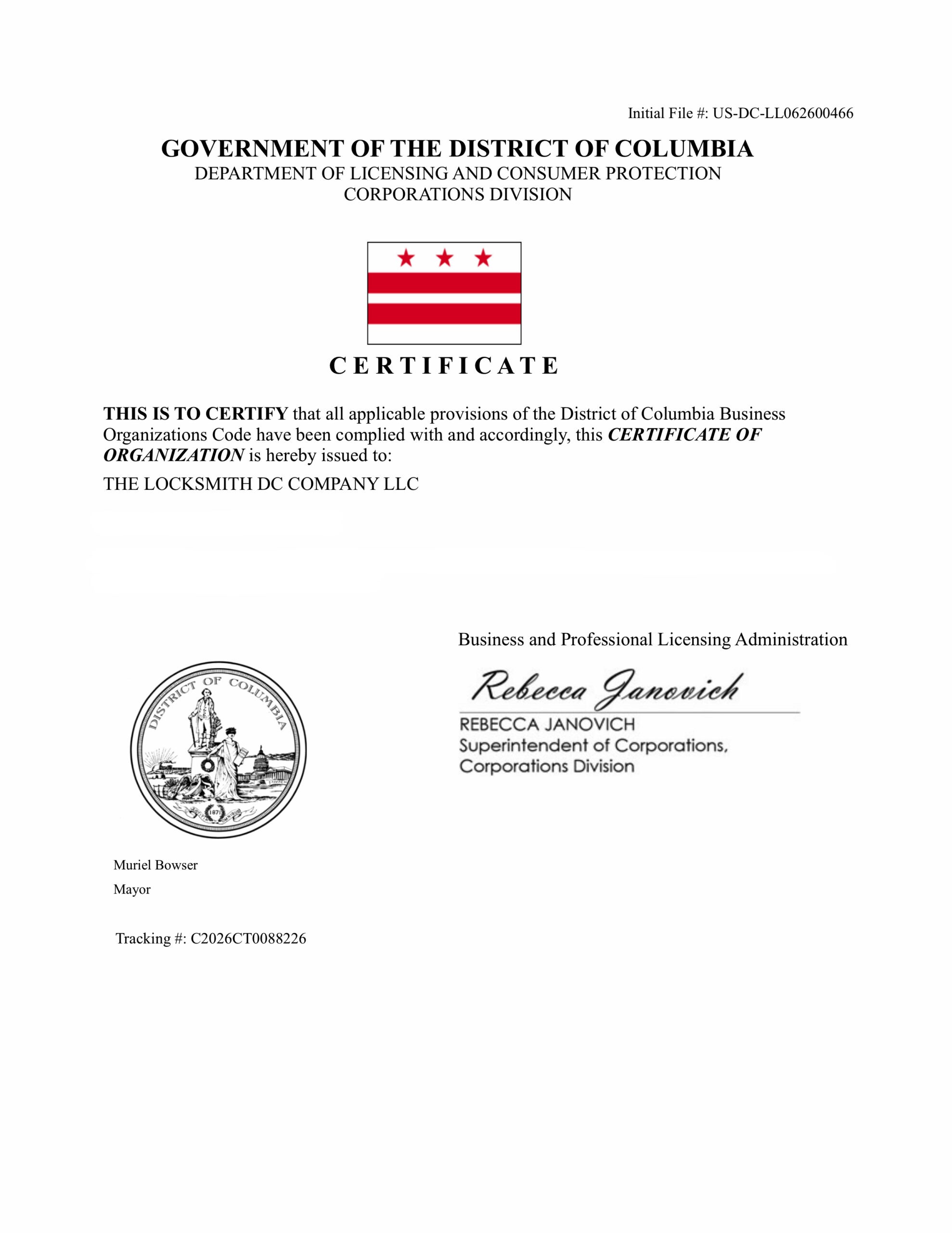 The Locksmith DC Company Certificate